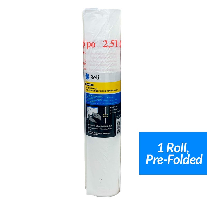 Reli. Masking Film, 1 Roll | 90' Foot x 99" Inch | Masking Plastic Film, Pre-Folded | Hand Masker for Painting & Automotive | Plastic Overspray Protection - Image 2